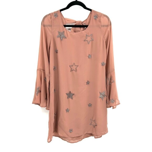 NWT CHASER Blush Pink Beaded Star Peplum Sleeve Open Back Mini Dress Size Medium - Picture 2 of 9
